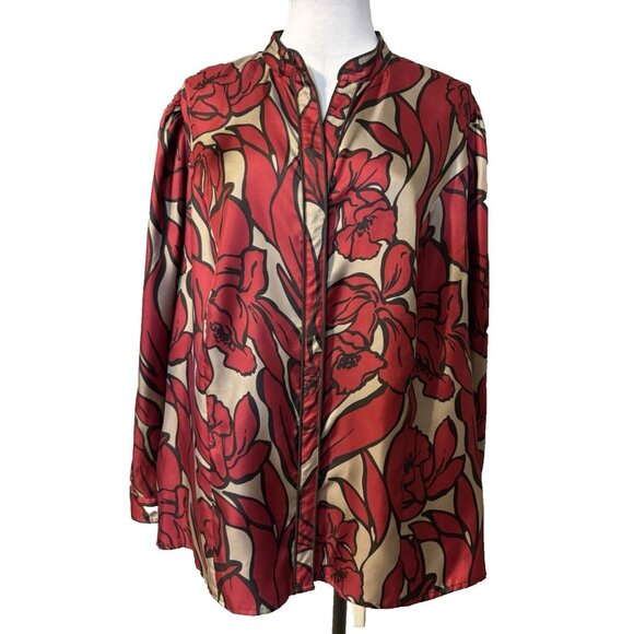 Nygard Silk Blouse Top Womens Size 20 Red Tan Black Long Sleeve - Picture 1 of 11